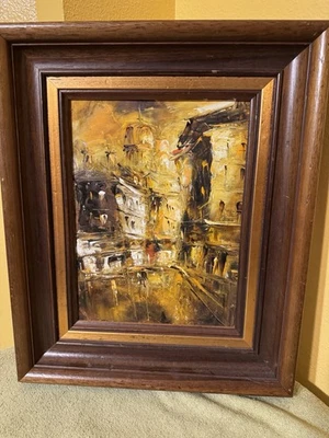 MCM Impressionist Abstract Parisian Cityscape Oil Painting w/Wood Frame 14x17 - Image 1 of 4