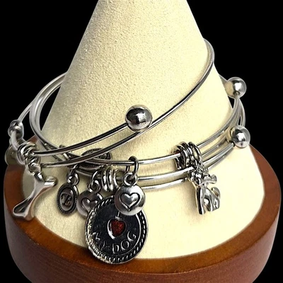 Set of 3 Brighton Expandable Silver Tone Charm Bangle Bracelets Dog-Themed Bone - Image 1 of 4