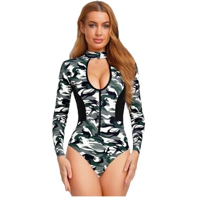 Women Commando Bodysuit Camouflage Long Sleeve Front Hollow Out Zipper Leotard  - Image 1 of 3