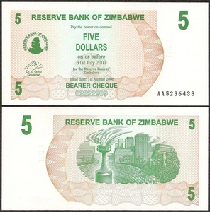 ZIMBABWE 5 Dollars BEARER CHEQUE PREFIX AA 2006 P-38 UNC Uncirculated - Picture 1 of 1