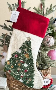 POTTERY BARN Holiday Icons Crewel Ivory Christmas Tree Stocking New with Tags - Picture 1 of 9