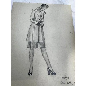 Wunderschöne Vintage Bleistiftskizze einer Frau signiert und datiert MFS 1945 - Bild 1 von 6