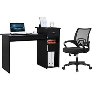 Home Office Computer Desk and Chair Set Desk w/Drawer & Shelves with Mesh Chair