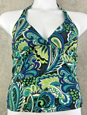 Traje de baño Speedo Top Damas Talla 10 Tankini Azul Verde Paisley Babydoll Halter Foto 1 de 4