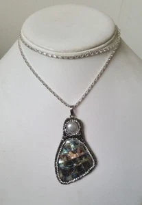 CARVED PAVE ABALONE SHELL ND PEARL PENDANT SILVER PLATED NECKLACE - Picture 1 of 1