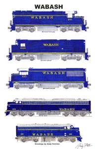Wabash Locomotive epoca blu 11"x17" poster ferroviario firmato da Andy Fletcher - Foto 1 di 1