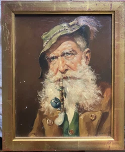:PINTURA AL ÓLEO RETRATO HOMBRE VIEJO SILBATO Y GORRO VIDA COTIDIANA FIRMADO BR. SCHNEIDER - Imagen 1 de 8