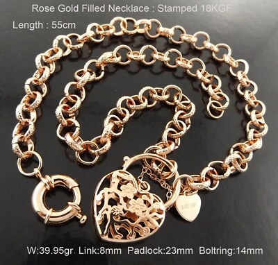 Gold Padlock Chain Rose 18K Filled Belcher Antique Heart Bolt ring 55cm 22" Foto 1 de 2