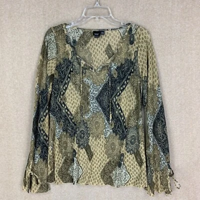 Esprit Top  L Womens Brown Floral Ruched Blouse Long Sleeve Paisley Split Neck - Image 1 of 4