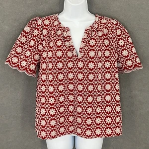 Loft Blumen bestickt Top rot weiß Kurzarm Bluse Damen Größe M Boho - Bild 1 von 11