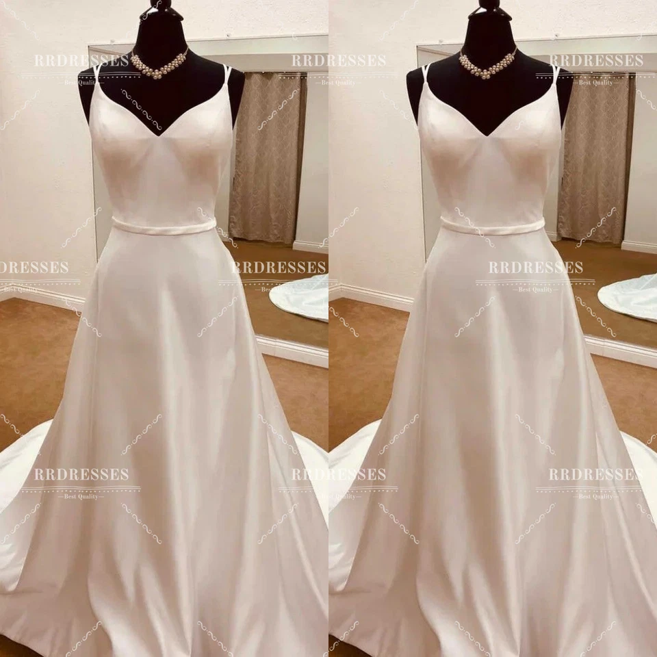 Vestidos de novia blancos marfil cuello en V satén barrido tren blanco marfil vestidos de novia Foto 1 de 4