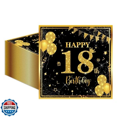 Servilletas de cumpleaños número 18 50 piezas, bebida de cóctel negra y dorada de 13 x 13 pulgadas  Foto 1 de 4
