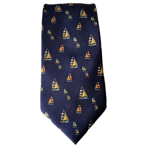 SILK men’s Necktie 100% Silk Navy Blue Multi Color Sailboats Preppy Coastal 4” - Picture 1 of 4