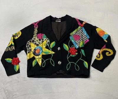 VTG Ultra Pink Crop Jacket Women L/XL Black Embellished 2 Button Floral 90s Boho - Image 1 of 4