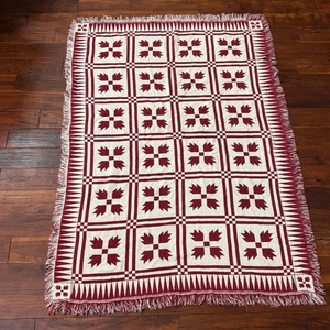Vintage Red Cream Maple Leaf Quilt Pattern Throw Blanket Fringe Cozy - Picture 1 of 7