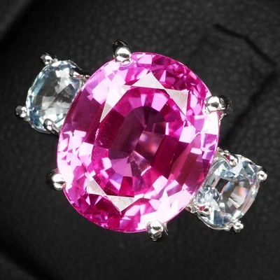 Gleaming Fuchsia Pink Sapphire Oval 8.50Ct 925 Sterling Silver Three Stone Rings - Image 1 of 4