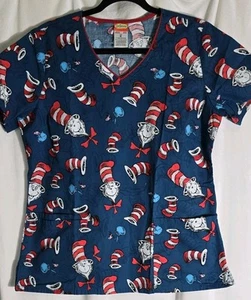 Dr. Seuss Scrub Top Womens M Blue Cat In The Hat  Front Pockets - Picture 1 of 6