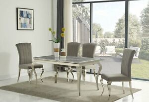 140cm Louis grey marble dining table and 4 velvet chairs