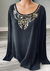 Cupio Woman Black Lined Blouse Tunic Gold Floral Detail Size 1X Plus 