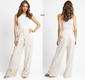 ComfyLuxe Mixed Pattern Embroidered Wide-Leg Linen Pants - Picture 1 of 10