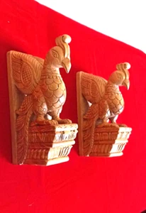 Mahogany Wooden Wall Hanging Peacock Parrot Bird Corbel Bracket Pair Sculpture - Picture 1 of 16