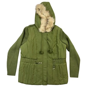 Vtg Venezia Sweater Jacket Womens 22/24 Green Mixed Media Shearling Hood Zipper - Picture 1 of 10