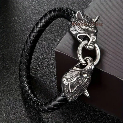 Pulseira masculina de couro trançado de aço inoxidável cabeça de lobo viking nórdica 8"-9,3" (L) - Imagem 1 de 4
