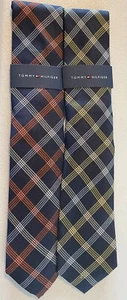 New 2 Pack Tommy Hilfiger Navy Orange & Navy Yellow Plaid Silk Ties (One Size) - Picture 1 of 5