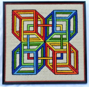 VTG GEOMETRIC CROSS STITCH UNTITLED CUBE ABSTRACT WALL ART ARTIST SIGNED 17"X17" - Picture 1 of 7