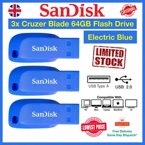 3x SanDisk Cruzer Blade 64GB USB 2.0 Flash Drive, Memory Stick, Electric Blue - Picture 1 of 7