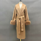 Women Cashmere Wool Coat Winter Fluffy Real Fur Cuff Warm Long Lapel Overcoat