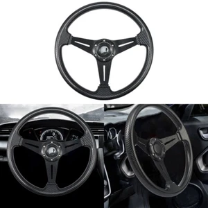 340mm Car Deep Dish Steering Wheel Carbon Fiber Print 6 Bolts Grip w/ Horn Black - Picture 1 of 13