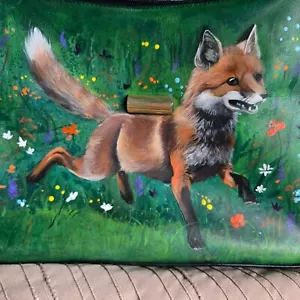 GI GI BLACK LEATHER TWIN HANDLE SHOULDER BAG HAND PAINTED HAPPY SPRING FOX CUB - Picture 1 of 12