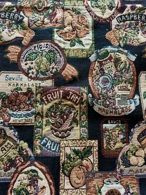 Vintage Tapestry Fabric Upholstery French Country Jam Fruit Labels MORE 55 x 74" - Image 1 of 4