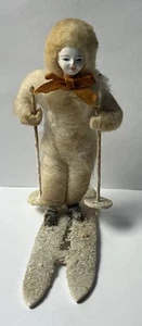 Antique VTG Clay Face Spun Cotton Batting GIRL Skier Christmas Ornament - Picture 1 of 9