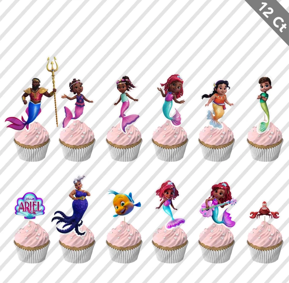 12 Ariel Sirena Cupcake Topper Elige Favor Fiesta Cumpleaños Niña Ducha Foto 1 de 1