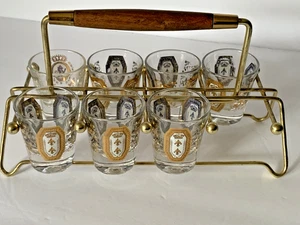 Vintage MCM Durchbruch "Smaragd und Gold Schnapsgläser" 6 Schnapsgläser mit Tragebehälter 22K - Bild 1 von 24