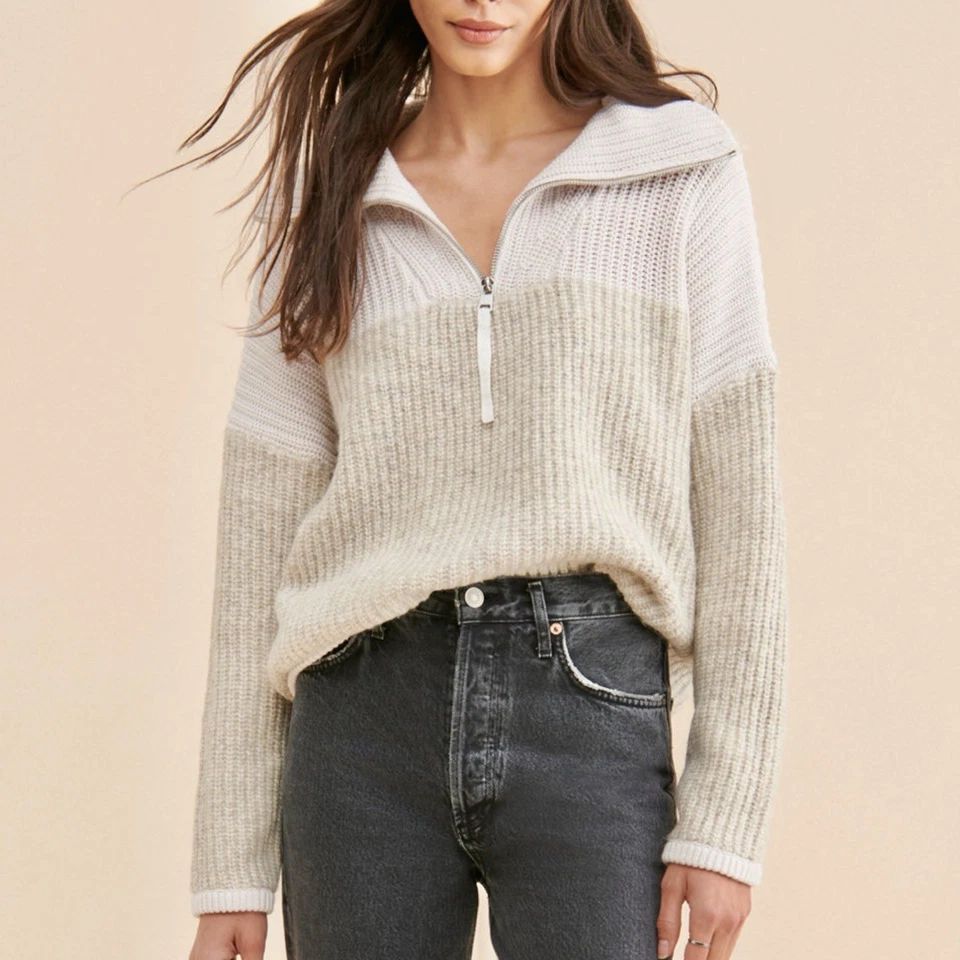 Suéter Pullover Varley Willard Cuarto Cremallera Bloques de Color Beige Neutro XS Foto 1 de 4