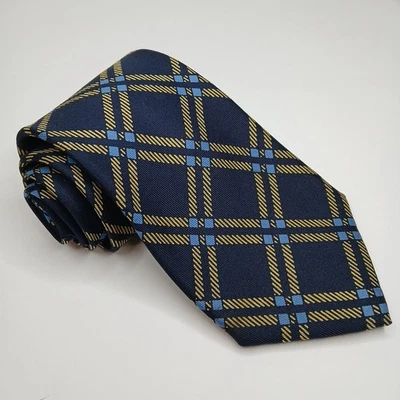 Gravata de seda masculina Turnbull & Asser London azul marinho e dourada 59" feita à mão Inglaterra - Imagem 1 de 4