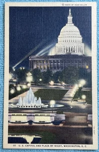 US CAPITOL AND PLAZA BY NIGHT IN WASHINGTON DC, LINEN POSTCARD A-1 - Picture 1 of 7