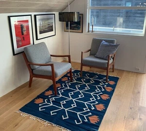 Blue Handmade Kilim Area Rug Runner Floral Flatweave Wool Rug Mexican Kilim Rug - Picture 1 of 9