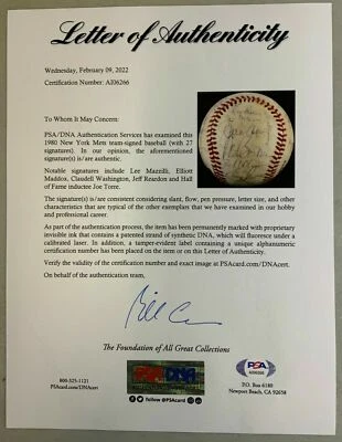 1980 NY METS team signed ball BASEBALL by 27 PSA/DNA~JOE TORRE~LEE MAZZILLI~SWAN - Image 1 of 4