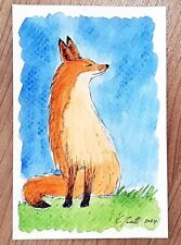 CHRIS ZANETTI Original Watercolor Painting FOX Animal Wildlife Art 6"X4" Signed
