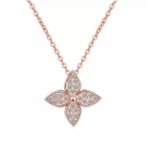 Rose Gold Plated 925 Sterling Silver Pave Four-Petal Flower Clover Necklace - Picture 1 of 7
