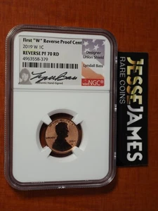 2019 W REVERSE PROOF LINCOLN CENT NGC PF70 LYNDALL BASS HAND SIGNED LABEL - Picture 1 of 2