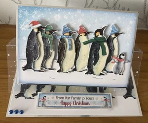 Handmade 7"x5" Penguin Family Christmas Easel Card "From Our Home to Yours..." - Picture 1 of 4