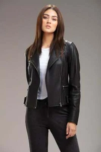 Royal Women Leather Jacket Genuine Lambskin Motorcycle Biker Black - Picture 1 of 6