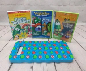 VeggieTales 3 DVD & Kneeling Pad Prayer Mat Lot Esther, Josh & The Wall, Happy.. - Imagen 1 de 13