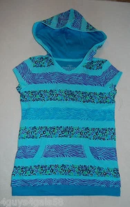 Girls Tee Shirt AQUA PURPLE Zebra Stripe HOODIE Layer Look SHORT SLEEVE S 6-6X - Picture 1 of 2