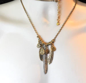 Lucky Brand Necklace charm dangle Gold silver Tone Feathers reversible ZC1 - Picture 1 of 15
